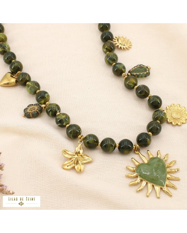 Collier bohème acier inoxydable doré pendentif soleil & cœur émaillé ARIANE vert kaki