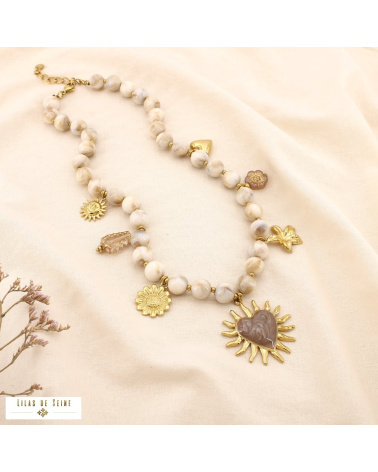 Collier bohème en résine & acier inoxydable – Charms solaires & cœur rayonnant en émail LEYNA naturel/beige