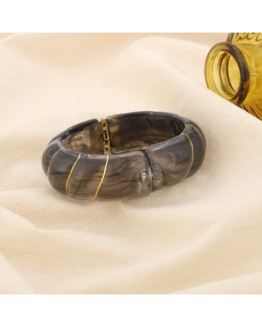 Bracelet manchette ouvrable en résine marbrée & acier inoxydable doré ELIA noir