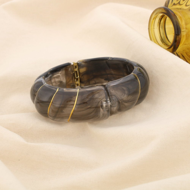 Bracelet manchette ouvrable en résine marbrée & acier inoxydable doré ELIA noir