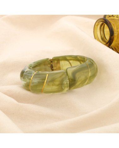Bracelet manchette ouvrable en résine marbrée & acier inoxydable doré ELIA vert kaki