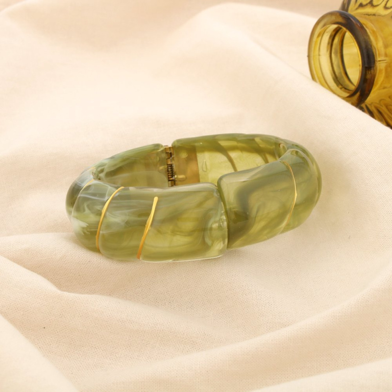 Bracelet manchette ouvrable en résine marbrée & acier inoxydable doré ELIA vert kaki