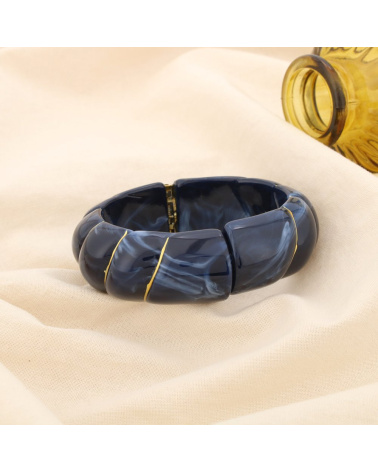 Bracelet manchette ouvrable en résine marbrée & acier inoxydable doré ELIA bleu foncé