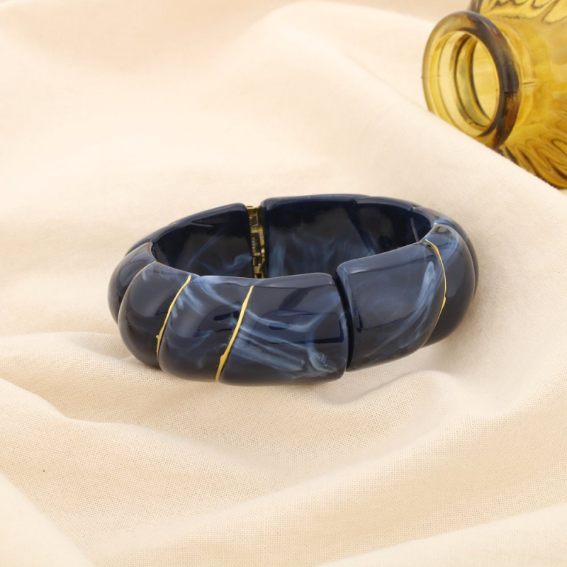 Bracelet manchette ouvrable en résine marbrée & acier inoxydable doré ELIA bleu foncé