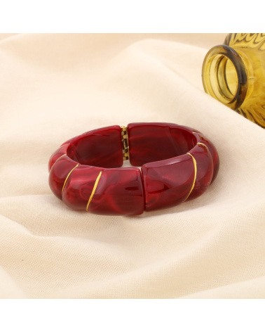 Bracelet manchette ouvrable en résine marbrée & acier inoxydable doré ELIA rouge bordeaux