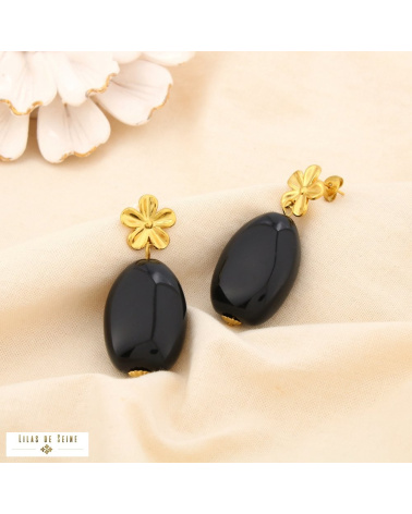 Boucles d’oreilles pendantes fleur en acier inoxydable et goutte en résine SHANA noir