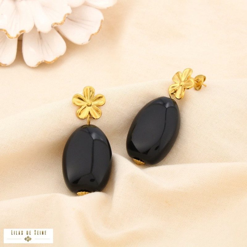 Boucles d’oreilles pendantes fleur en acier inoxydable et goutte en résine SHANA noir