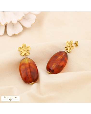Boucles d’oreilles pendantes fleur en acier inoxydable et goutte en résine SHANA marron