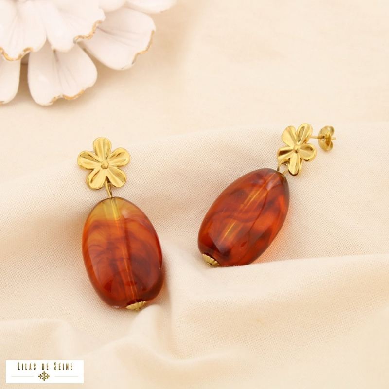 Boucles d’oreilles pendantes fleur en acier inoxydable et goutte en résine SHANA marron