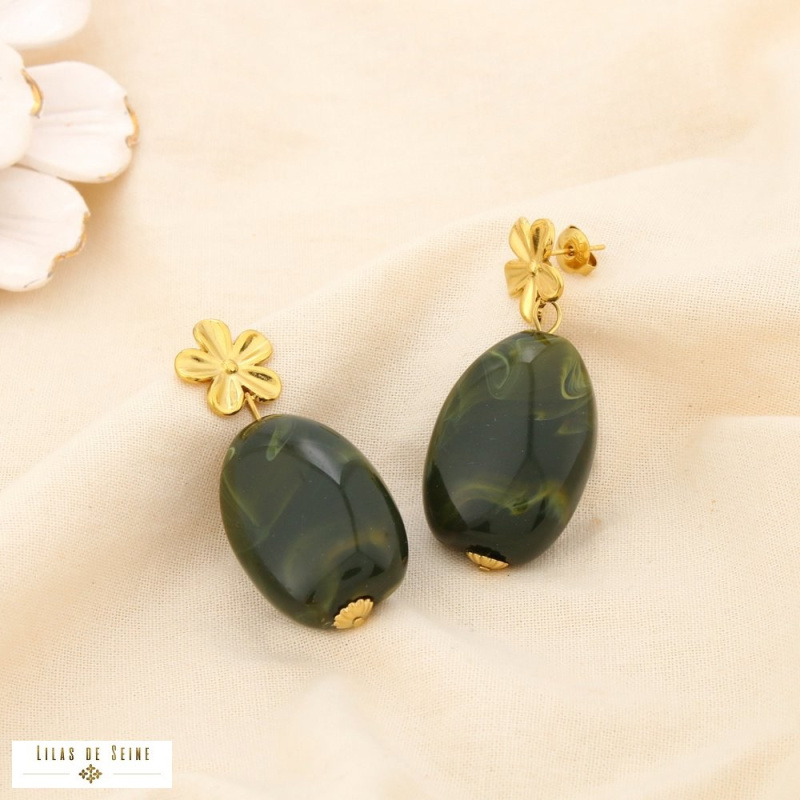 Boucles d’oreilles pendantes fleur en acier inoxydable et goutte en résine SHANA vert kaki