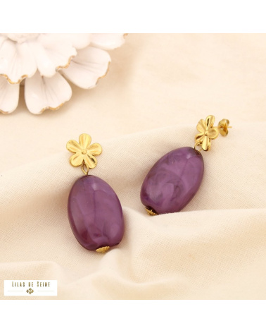 Boucles d’oreilles pendantes fleur en acier inoxydable et goutte en résine SHANA violet