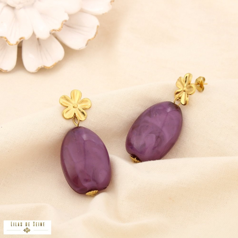Boucles d’oreilles pendantes fleur en acier inoxydable et goutte en résine SHANA violet