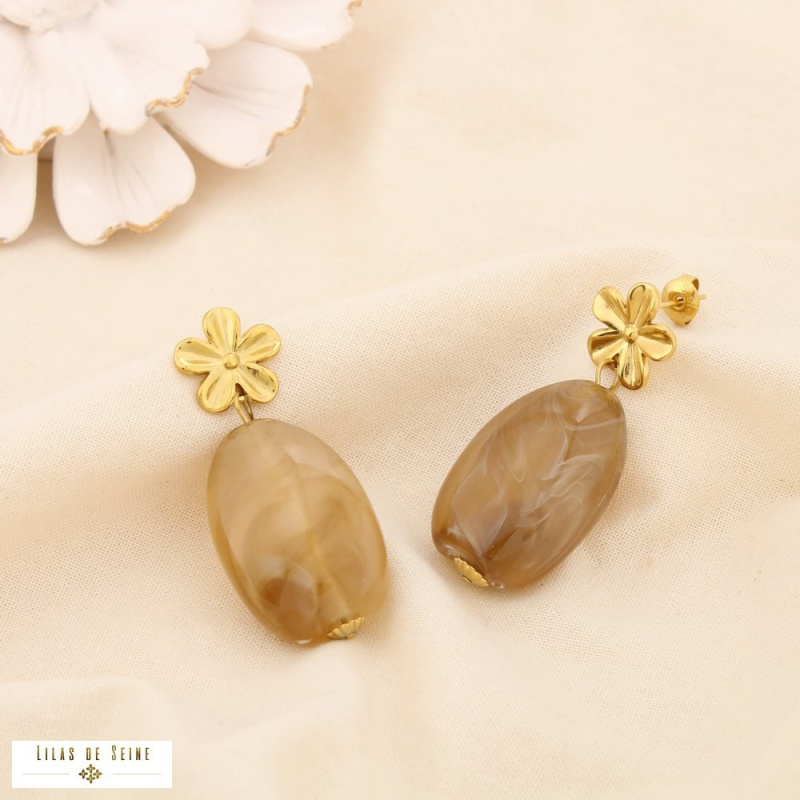 Boucles d’oreilles pendantes fleur en acier inoxydable et goutte en résine SHANA naturel/beige