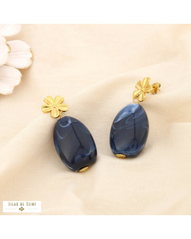 Boucles d’oreilles pendantes fleur en acier inoxydable et goutte en résine SHANA bleu foncé