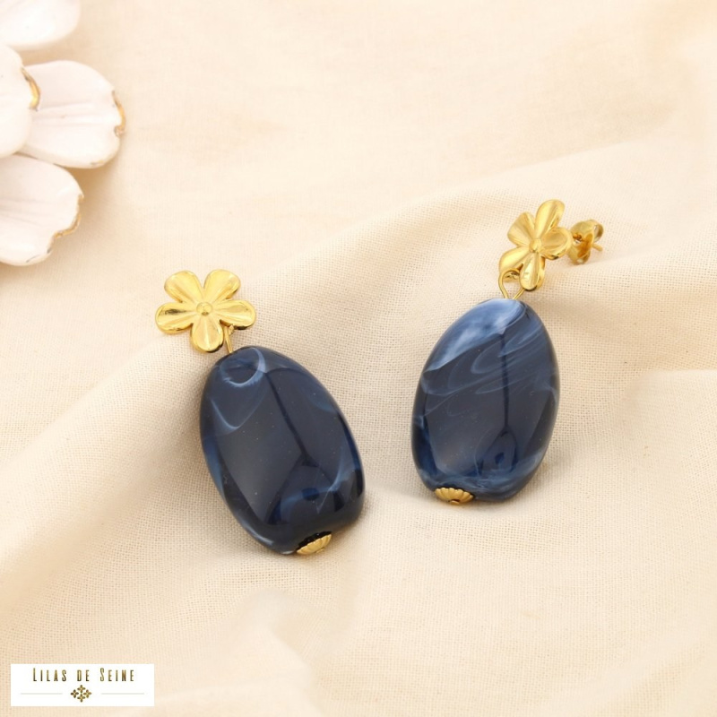 Boucles d’oreilles pendantes fleur en acier inoxydable et goutte en résine SHANA bleu foncé