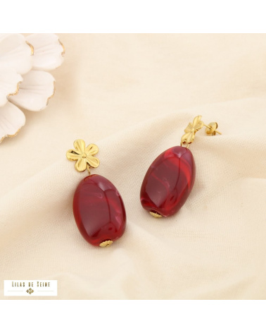 Boucles d’oreilles pendantes fleur en acier inoxydable et goutte en résine SHANA rouge bordeaux