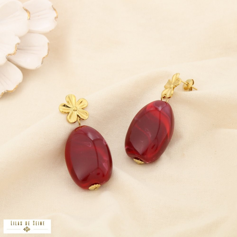 Boucles d’oreilles pendantes fleur en acier inoxydable et goutte en résine SHANA rouge bordeaux