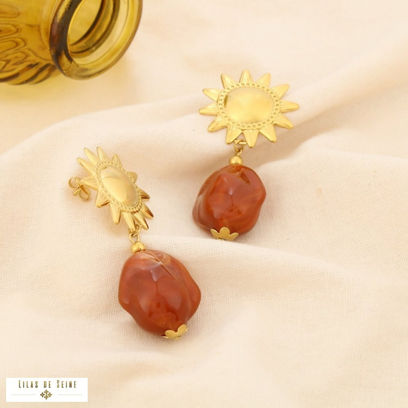 Boucles d’oreilles pendantes soleil en acier et galet en résine LARA doré rose