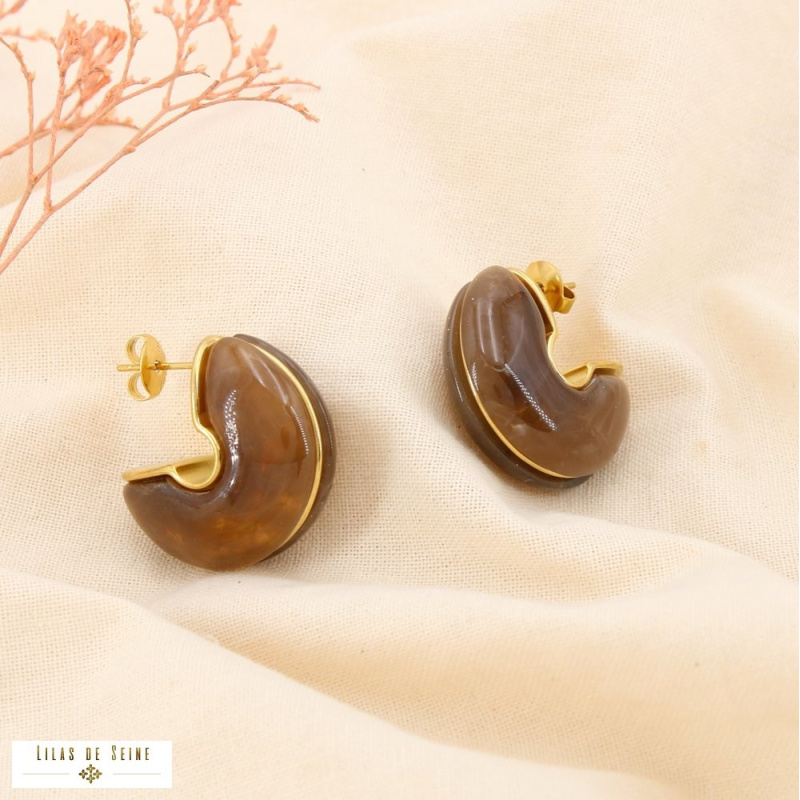 Boucles d’oreilles demi-créoles en résine marbrée et acier inoxydable MAEVA taupe