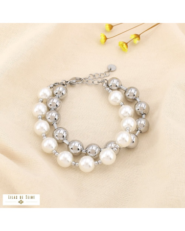 Bracelet double rangs perles nacrées et acier inoxydable TIPHAINE argenté