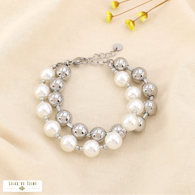 Bracelet double rangs perles nacrées et acier inoxydable TIPHAINE argenté