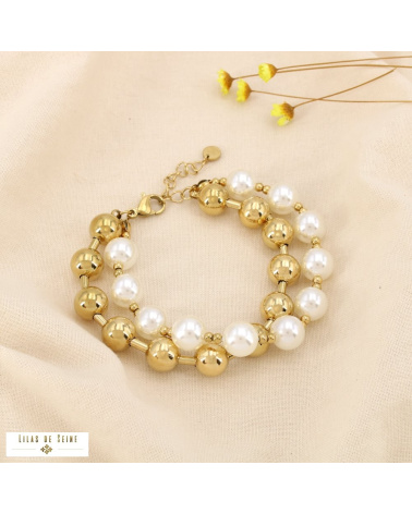 Bracelet double rangs perles nacrées et acier inoxydable TIPHAINE doré