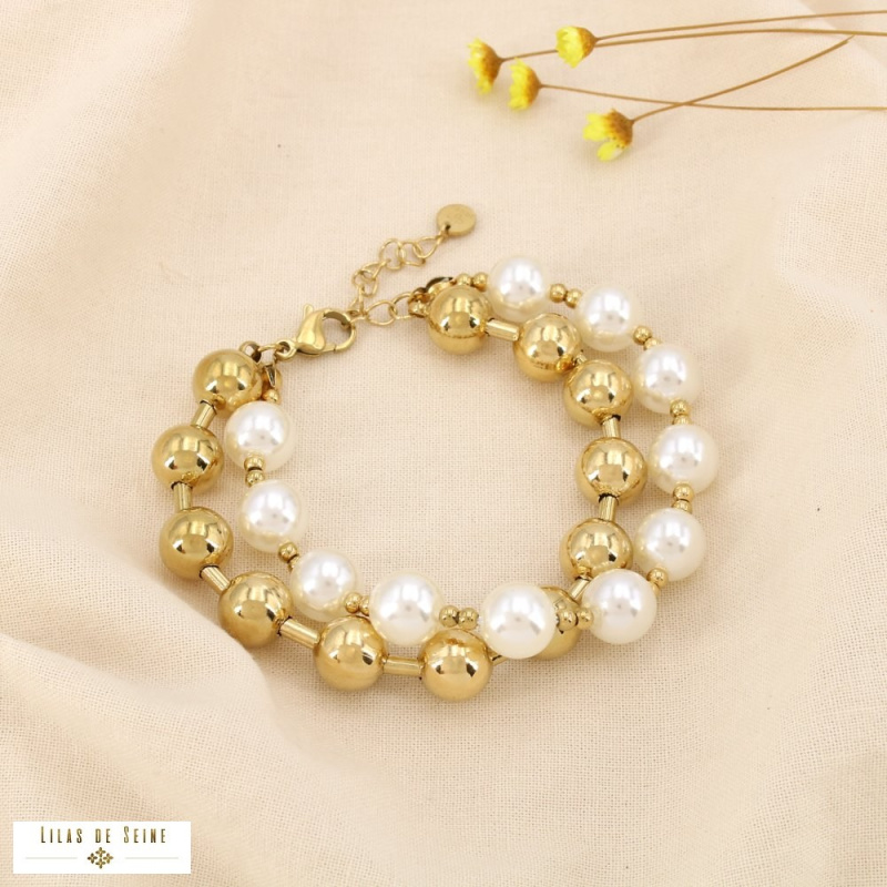 Bracelet double rangs perles nacrées et acier inoxydable TIPHAINE doré