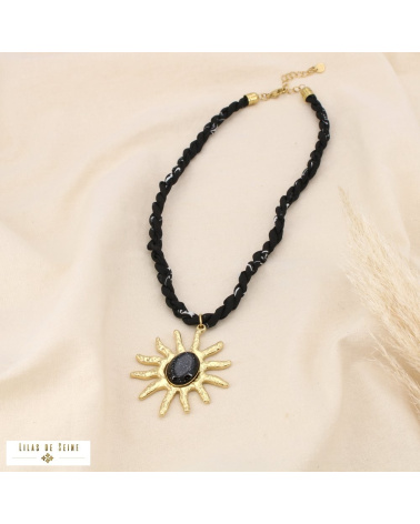 Collier bohème pendentif soleil en acier et résine scintillante JENNA noir