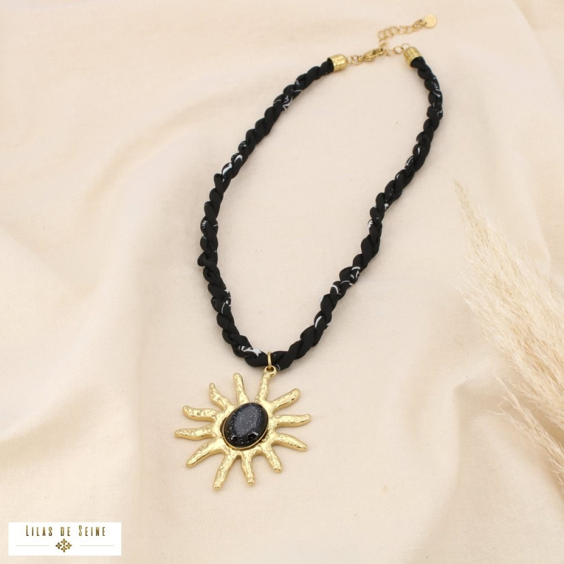 Collier bohème pendentif soleil en acier et résine scintillante JENNA noir
