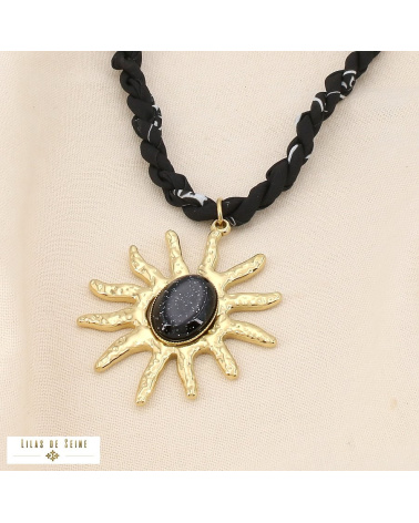Collier bohème pendentif soleil en acier et résine scintillante JENNA noir