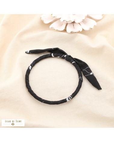 Bracelet jonc tissu imprimé et acier inoxydable SYBILLE noir