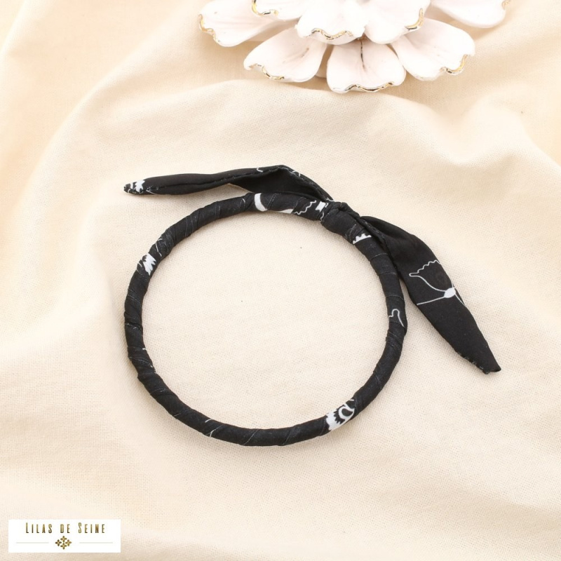 Bracelet jonc tissu imprimé et acier inoxydable SYBILLE noir