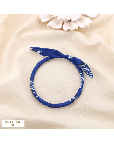 Bracelet jonc tissu imprimé et acier inoxydable SYBILLE bleu foncé
