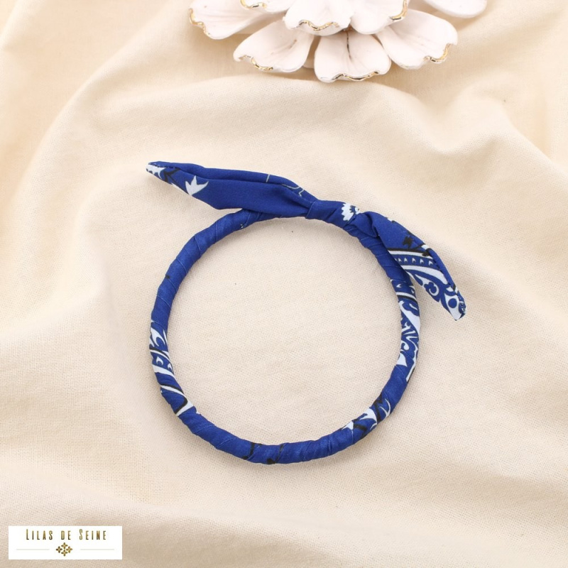Bracelet jonc tissu imprimé et acier inoxydable SYBILLE bleu foncé