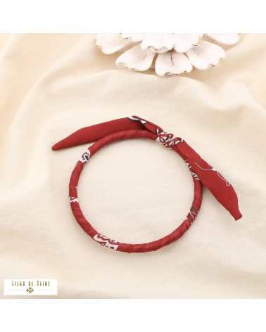 Bracelet jonc tissu imprimé et acier inoxydable SYBILLE rouge bordeaux