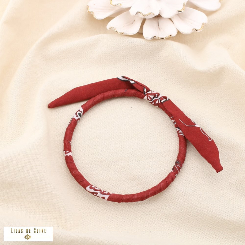 Bracelet jonc tissu imprimé et acier inoxydable SYBILLE rouge bordeaux