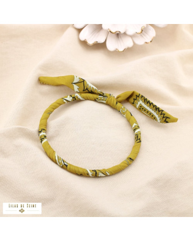 Bracelet jonc tissu imprimé et acier inoxydable SYBILLE jaune