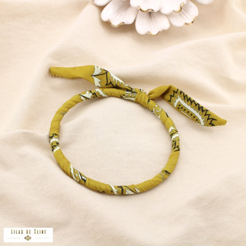 Bracelet jonc tissu imprimé et acier inoxydable SYBILLE jaune