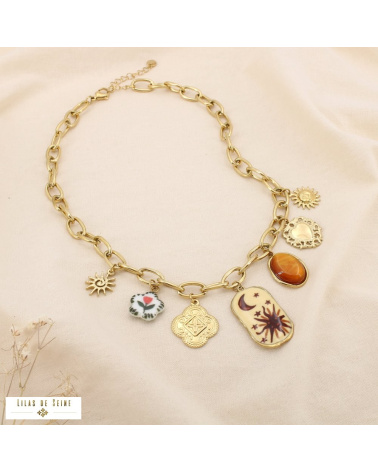 Collier à charms en acier inoxydable – Breloques solaires et lunaires LIV ✨ marron