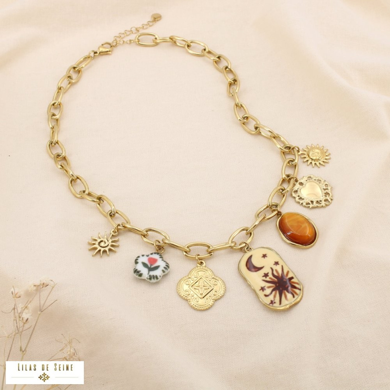 Collier à charms en acier inoxydable – Breloques solaires et lunaires LIV ✨ marron