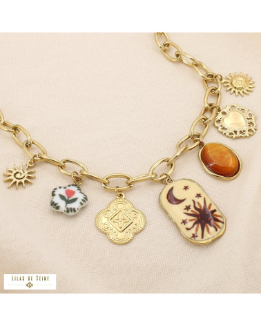 Collier à charms en acier inoxydable – Breloques solaires et lunaires LIV ✨ marron