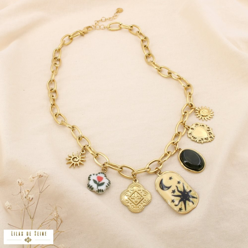 Collier à charms en acier inoxydable – Breloques solaires et lunaires LIV ✨ vert