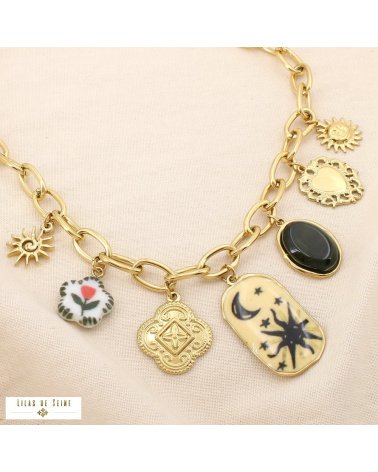 Collier à charms en acier inoxydable – Breloques solaires et lunaires LIV ✨ vert
