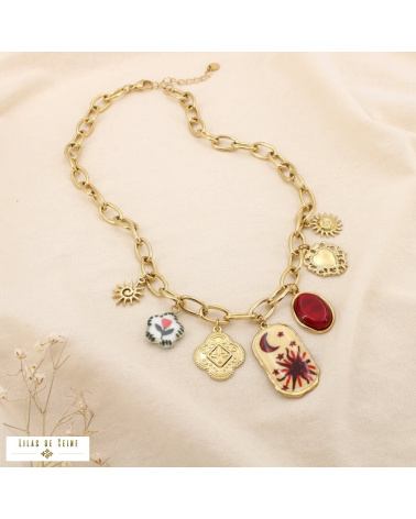 Collier à charms en acier inoxydable – Breloques solaires et lunaires LIV ✨ rouge bordeaux