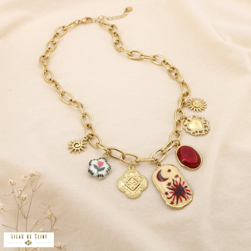 Collier à charms en acier inoxydable – Breloques solaires et lunaires LIV ✨ rouge bordeaux