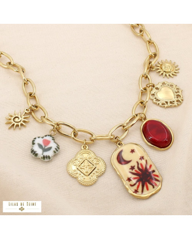Collier à charms en acier inoxydable – Breloques solaires et lunaires LIV ✨ rouge bordeaux