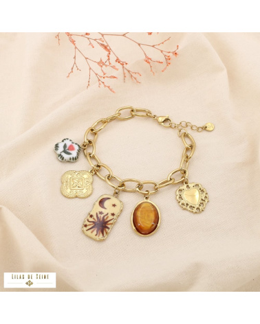 Bracelet à charms en acier inoxydable – Breloques bohèmes et symboliques LIV ✨ marron