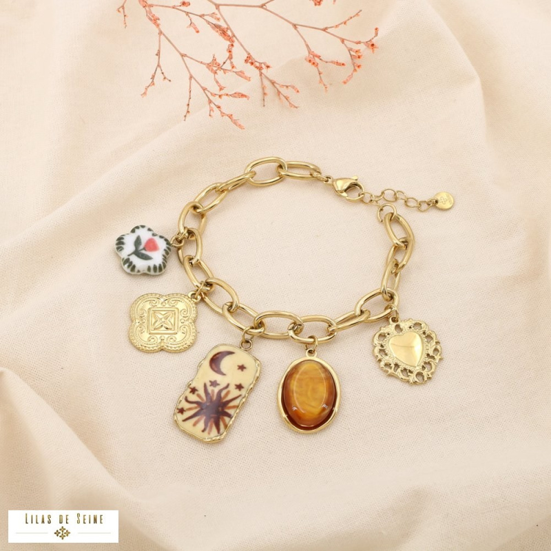 Bracelet à charms en acier inoxydable – Breloques bohèmes et symboliques LIV ✨ marron
