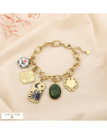 Bracelet à charms en acier inoxydable – Breloques bohèmes et symboliques LIV ✨ vert