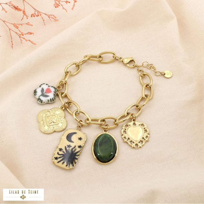 Bracelet à charms en acier inoxydable – Breloques bohèmes et symboliques LIV ✨ vert
